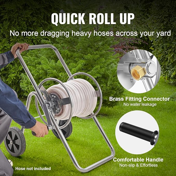 VEVOR Hose Reel Cart, Hold Up to 175 ft of 5/8’’ Hose (Hose Not Included), Garden Water Hose Carts Mobile Tools with Wheels, Heavy Duty Powder-Coated Steel Outdoor Planting for Garden, Yard, Lawn