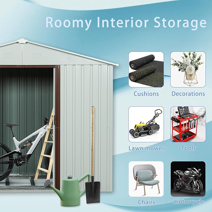 YOPTO 8Ft x 4Ft Outdoor Metal Storage Shed with Side Window, Garden Tool Shed w/Sliding Doors & Lock, Floor Base and Air Vents, Utility Storage House for Backyard Lawn, White