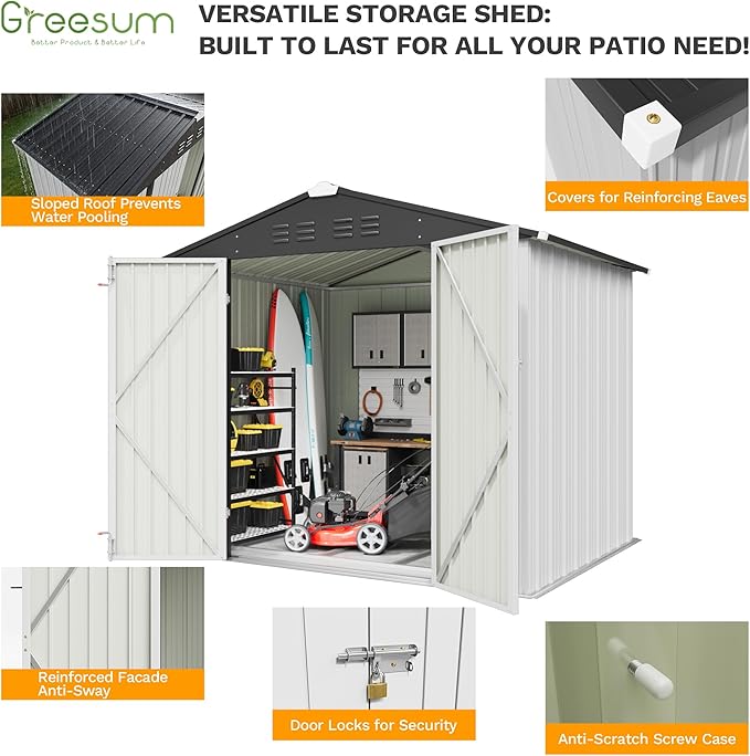 Greesum 8x6FT Outdoor Storage Shed with Base, Utility Tool Shed with Sloping Roof, Metal Storaged Garden Shed with Door & Lock for Patio Storage, White