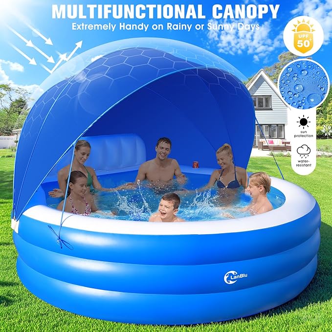 2026 Extra Large Upgraded Inflatable Pool with Canopy, Inflatable Family Lounge Pool, Round Blow Up Pool for Adult with Bench&Backrest,Swim Center Easy Backyard Pools for Kids & Adults, Blue