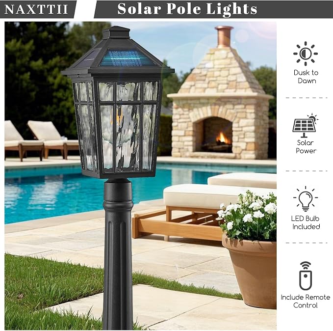 Solar Lamp Post Light 40.5 Inch Lamp Post Outdoor Lighting Waterproof Aluminum Material with Water Ripple Glass Black Solar Pillar Lights for Garden Lawn and Pathway
