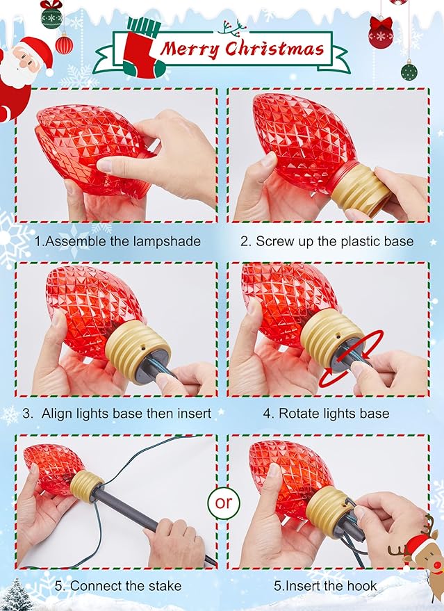 Strawberry Jumbo C9 Christmas Pathway Lights Outdoor - 2 Pack Total 17 Feet 10 LED C9 Christmas Light, C7 Light Covered Jumbo Bulb Christma Lights Outdoor Decorations for Yard Lawn Holiday Outside
