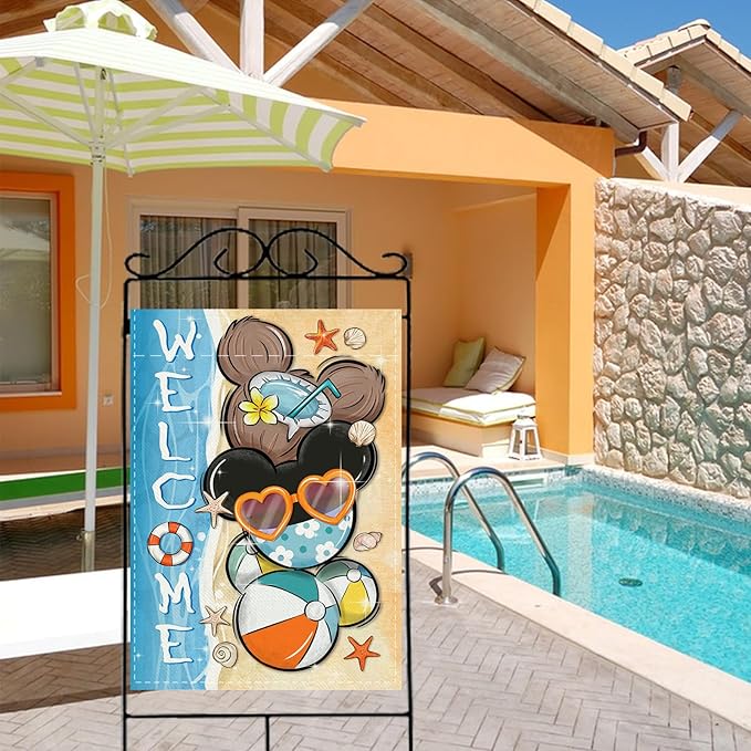 Welcome Summer Decorative House Flag, Beach Coastal Coconut Ball Garden Yard Outside Decorations, Nautical Seasonal Burlap Outdoor Large Home Decor Double Sided 28 x 40