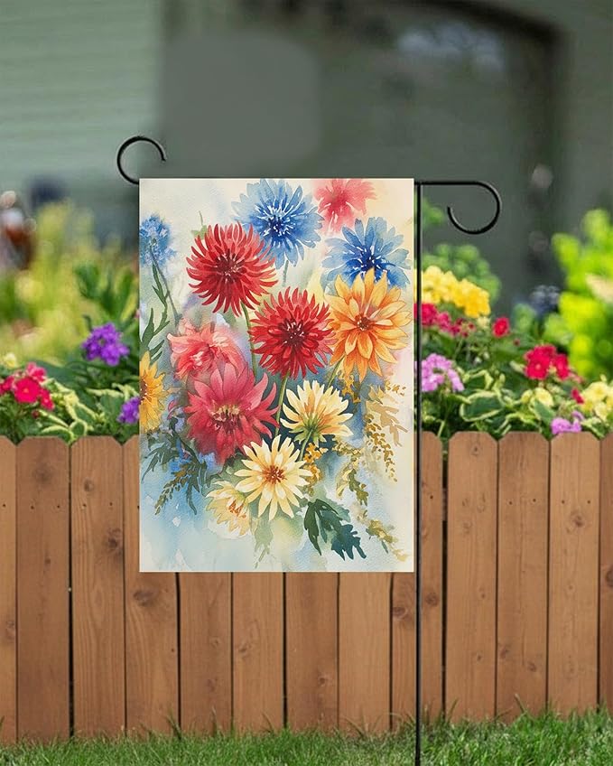 Seasonal Watercolor Summer Spring Floral Flowers Colorful Dahlias Garden Yard Flag 12 x 18 Inch, Double Sided Outdoor Decorative Welcome flags Banners for Home House Lawn Patio