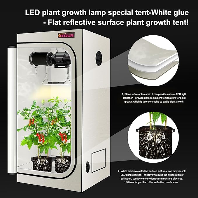 ATOUR LED Grow Light Specil Tent, High Reflective PE Film Grow Tent, 1680D High Strength Canvas Plant Tent with Observation Window & Floor Tray for Hydroponics Indoor Plant (24"x24"x36")