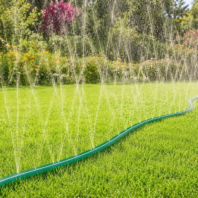 MIXC Reinforced Sprinkler Hose with Holes, 50FT (25FT×2 Pack) No-Kink Heavy Duty Flat Sprinkler Soaker Hose with Stakes & Splitters, Drip Irrigation Garden Hose for Lawn, Vegetable, Yard & Flower Bed