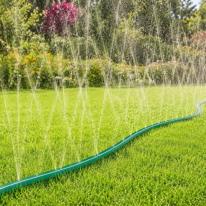 MIXC Reinforced Sprinkler Hose with Holes, 100FT (25FT×4 Pack) No-Kink Heavy Duty Flat Sprinkler Soaker Hose with Stakes & Splitters, Drip Irrigation Garden Hose for Lawn, Yard, Vegetable & Flower Bed