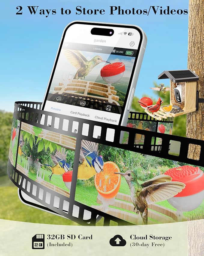 Bird Feeder with Camera Solar Powered, Bird Feeders for Outdoors with DIY Add-ons - Honey Jar & Fruit Fork & Squirrel Proof Net & 32GB SD Card, AI Identify Birds, Ideal Present for Birdlover