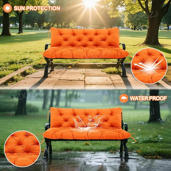Porch Swing Cushions Outdoor 60 inch Waterproof Thicken 5" Swing Cushions Replacement with Backrest and Ties for Outdoor Furniture Porch Patio Garden Lawn (Orange)