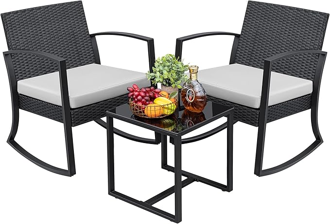 Greesum 3 Pieces Outdoor Furniture Set Patio Bistro Rocking Chairs with Glass Coffee Table for Pool Beach Backyard Balcony Porch Deck Garden, Bright White