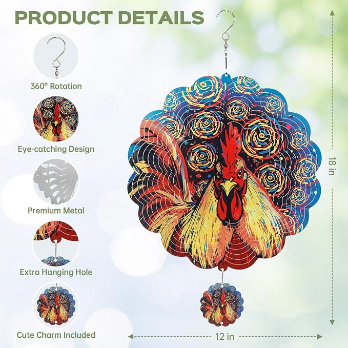 Rooster Wind Spinners Outdoor for Mother's Day, IDEA SHOW 12In Stainless Steel Wind Spinners, 3D Kinetic Hanging Sculpture, Rustproof Metal Garden Decor Ornaments for Yard Art, Women, Men, Holidays