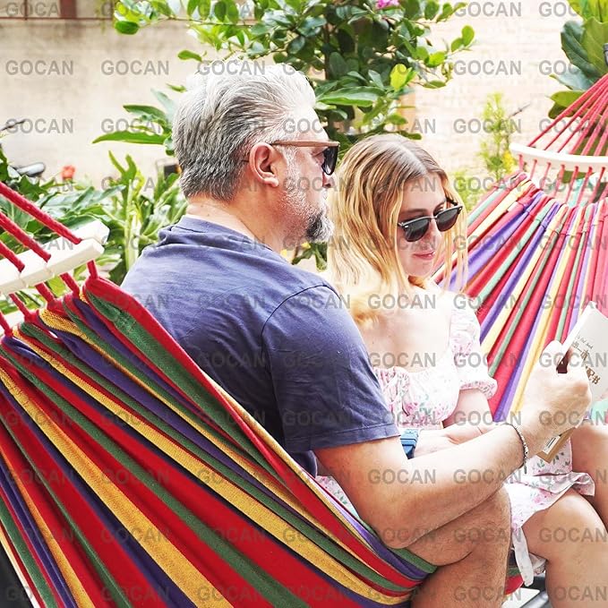 GOCAN Double Hammock 2 Person Extra Large 220x160cm Total Length 330cm Load 500lb Canvas Cotton Hammock for Patio Porch Garden Backyard Lounging Outdoor and Indoor with Removable Spreader bar