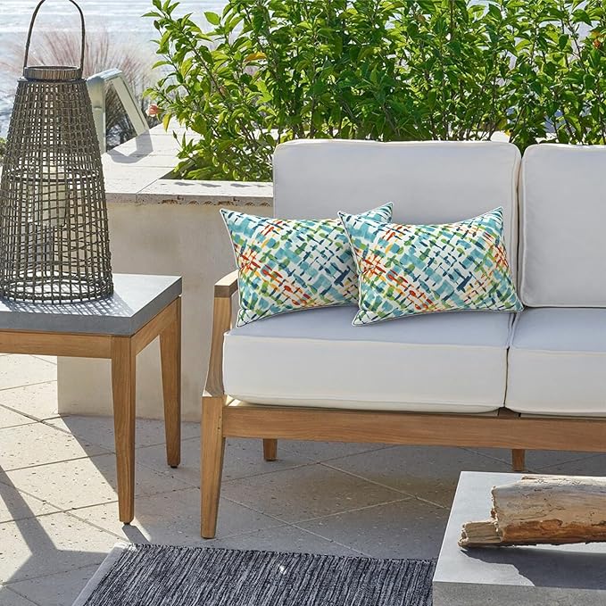 LVTXIII 2 Pack Outdoor Lumbar Pillow Covers 12x20 Inch with Piping, Water-Repellent Back Cushion Covers ONLY for Patio Furniture, Sofa, Garden Bench, Acapa Opal Geometric