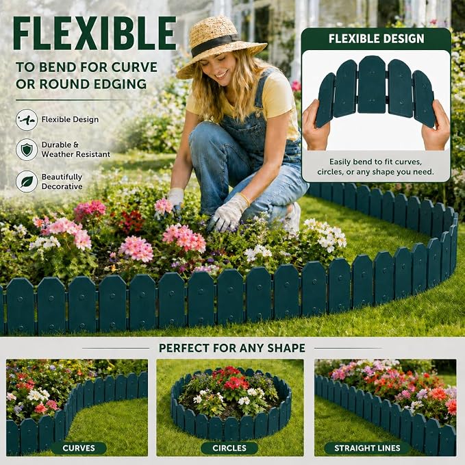 Evelyne Garden Border Edging: Wooden Grain Fence Dog Ear Design - Landscaping Fence Liner Lawn Edge Barrier - Decorative Lawn Landscape Panels Elements -Landscaping Edging (Green, 20ft.)