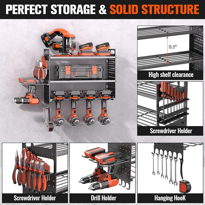 16.5“W Power Tool Organizer Wall Mount,Small Cordless Tool Organizer with 6 Drill Holder, 150 Lbs Capacity 3-Layer Garage Organization for Garage and Workshop (Black)