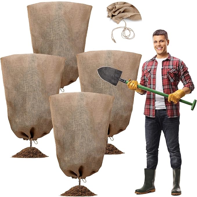 Woanger 4 Pcs 40 x 56 Inch Burlap Winter Plant Cover Bags Reusable Warm Large Plant Frost Protector with Drawstring Freeze Protection Tree Freeze Blanket for Outdoor Garden