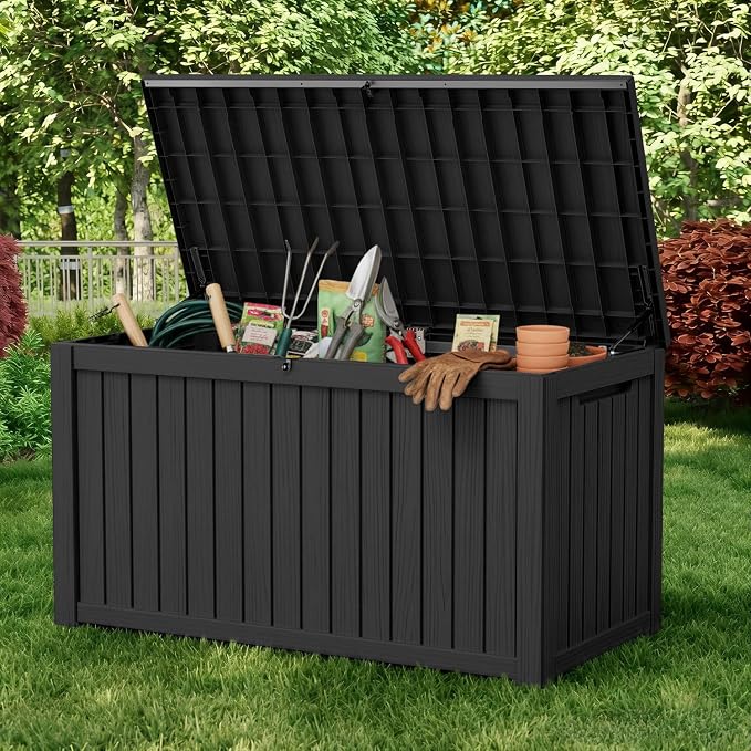 180 Gallon Deck Box, Waterproof Resin Outdoor Storage Box Lockable for Patio Furniture, Fade Resistant Patio Side Table & Organizer for Garden Tools, Pool Floats, Outdoor Cushions, Black