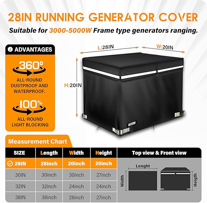 Generator Covers, 28×20×20 inch Running Generator Cover, 900D+210D 100% Waterproof And Tear-resistant Oxford Cloth. Fits Most 3000-4500 Watt Generators. Black