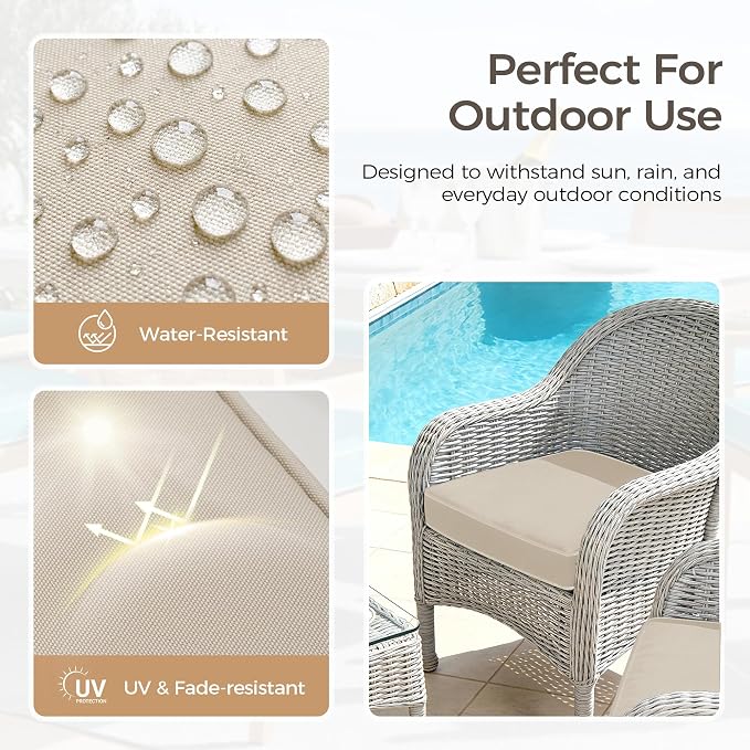 UNIKOME Outdoor Chair Cushions Set of 4, Water Resistant Patio Seat Cushions with Ties for Outdoor Furniture, High-Density Foam, UV & Fade Resistant, Piped Edge – 18.5" x 16" x 3", Beige