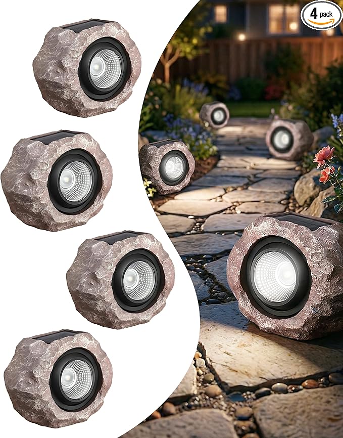 4 Pack Solar Rock Lights Outdoor, Angle Adjustable Solar Lights Outdoor Waterproof, LED Solar Garden Lights, Auto On/Off Landscape Lighting for Yard Pathway Patio Flower Bed - White Glow (Stone Brown)