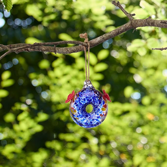 Red Carpet Studios Hummingbird Feeder Hand-Blown Art Glass, Hanging Birdfeeder with Twin Flower Feeding Ports, 5.5" Round Blue