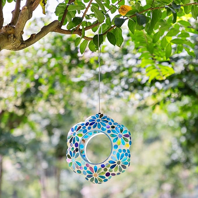 Glitzhome 8''D Hanging Glass Birdfeeder,Flower Shaped Fly Through Wild Bird Feeder for Outdoors,Multi-Color Mosaic Birdfeeder for Garden,Yard,Backyard,Deck and Porch Decor