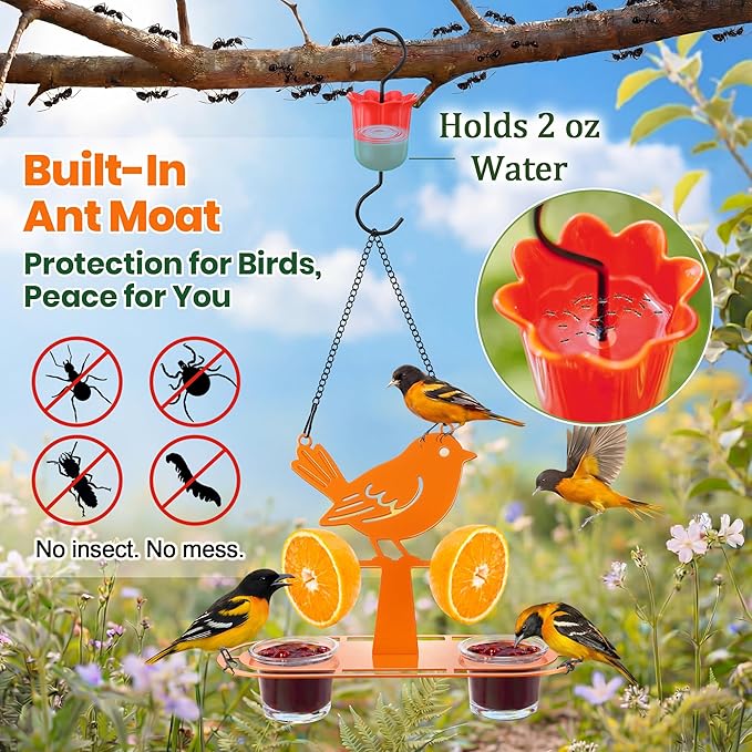Oriole Feeder for Outdoors, Unique Bird Shaped Baltimore Oriole Feeder with 2 Jelly Cups & Orange Holder, Built-in Ant Moat, Orange Bird Feeders for Outdoors Hanging for Backyard(1 Pack)