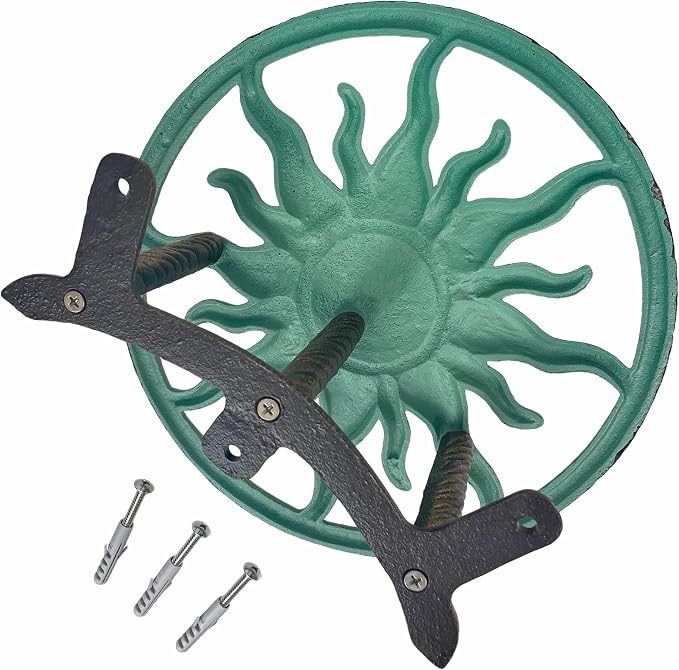 Zeckos Decorative Sun Cast Iron Hose Holder Verdigris & Bronze Finish, 11.5 in Heavy Duty Wall Mount Hose Reel, Outdoor Garden Storage Rack for Patio, Lawn, Yard, Weather Resistant, Hardware Included