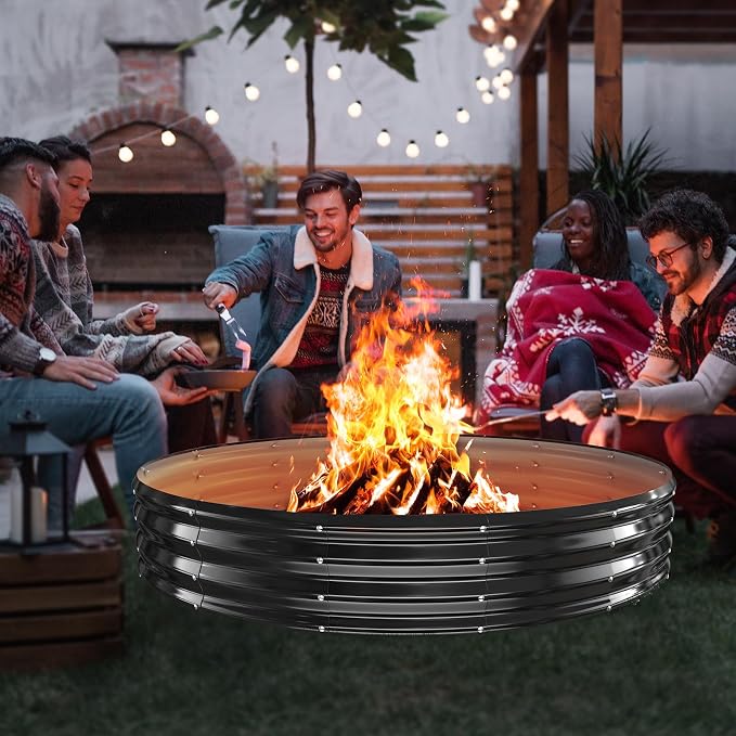 YSEJOMP 72 Inch Round Galvanized Fire Pit Ring/Fire Ring - Foldable and Perfect for Outdoor Gatherings and Campfires in The Yard/Garden/Park/Beach (Black+Gray, 6 FT Diameter+1 FT Tall)