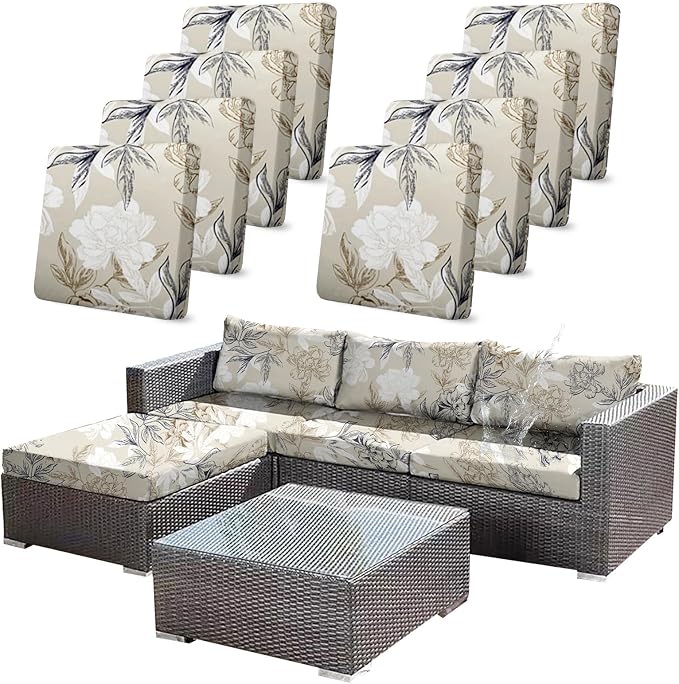 CALBODE 8Pcs Outdoor Stretch Cushion Covers,Waterproof Outdoor Chair Floral Cushion Covers for Patio Furniture, Washable Beige Couch Covers Replacement for Patio Furniture