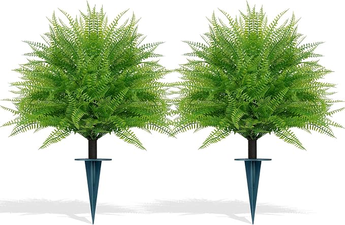 Grooy Artificial Fern Topiary Ball with Ground Spike, Set of 2 Faux Boston Fern Plants Shrub, Fake UV Resistant Evergreen Bushes for Porch Garden Indoor Outdoor Decor