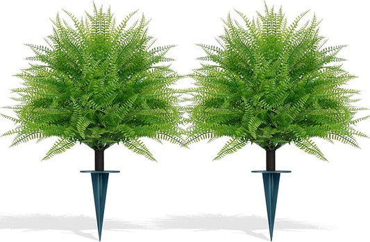 Grooy Artificial Fern Topiary Ball with Ground Spike, Set of 2 Faux Boston Fern Plants Shrub, Fake UV Resistant Evergreen Bushes for Porch Garden Indoor Outdoor Decor
