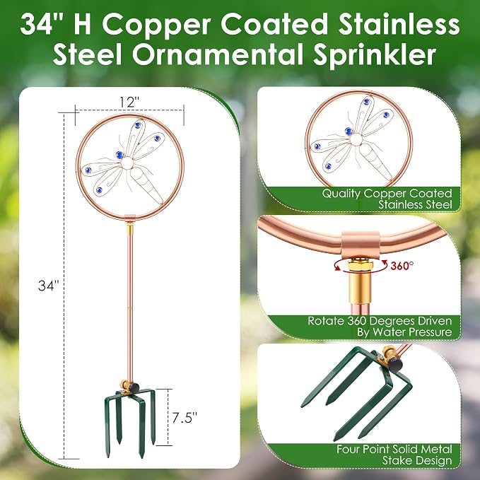 34" H Copper Coated Stainless Steel Ornamental Sprinkler, Corrosion Resistant Garden Rotating Sprinkler 360 Degree Shape Decorative for Lawn Garden Landscape(Dragonfly)