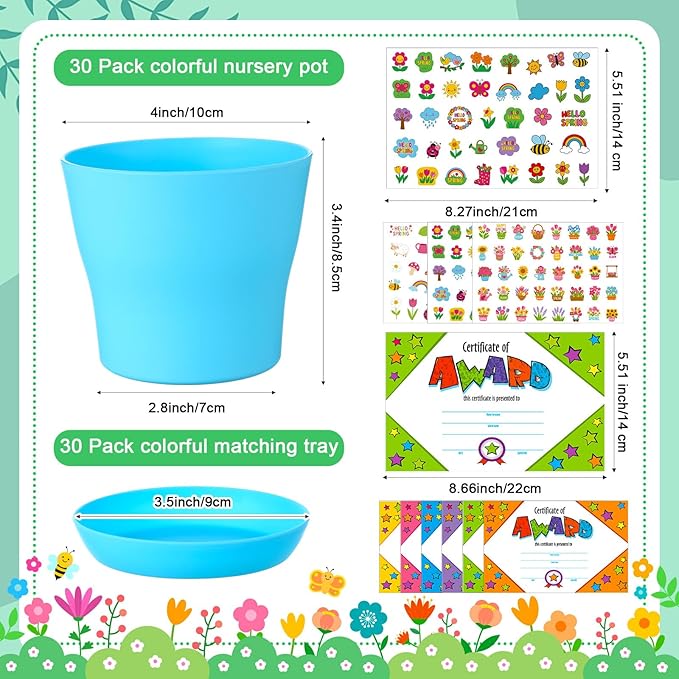 Domensi 30 Pack Garden Pot Craft Kit 4 Inch DIY Hello Spring Crafts for Kids Bulk Plastic Flower Plant Pot Plastic Planter with Tray Drainage Holes with Tag, Certificate of Award, Sticker