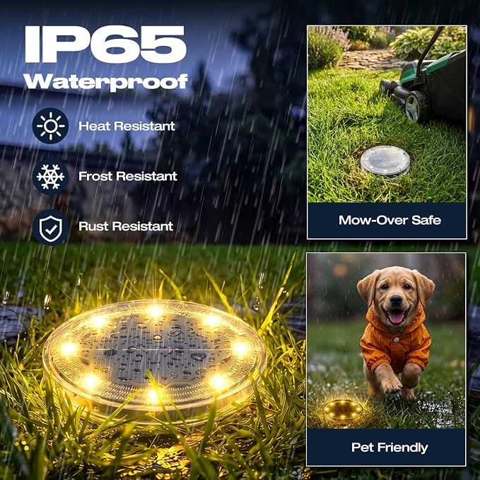 vighep 12 Pack Solar Ground Lights, 2.8 inch Flat Solar Light Outdoor Waterproof, Anti Rust, Low Profile Led Solar Powered Disc Lights Landscape Lighting for Yard,Walkway,Lawn,Path - Warm White