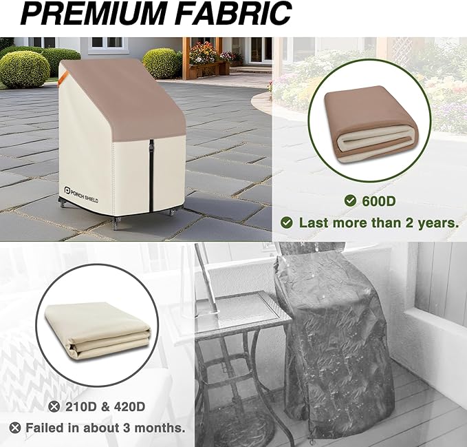 Porch Shield Patio Stackable Chair Covers - Waterproof Outdoor Stack of Chair Cover 2 Pack - 27W x 33D x 46H inch, Light Tan & Khaki