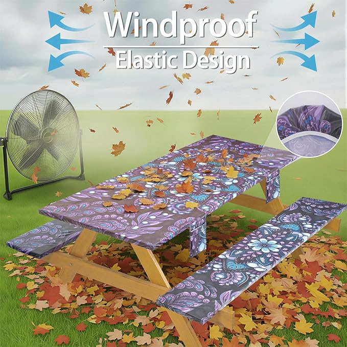 Fitted Waterproof Picnic Table Cover with Bench Covers Elastic Reusable Camping Table Cloths for 6Ft Rectangle Tables Summer Camp Motorhome Party Gear Outdoors Car Travel Trailer Gadgets Gift