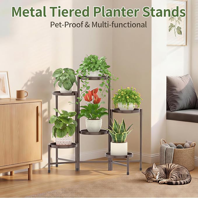 LASZOLA 6 Tier Large Plant Stand Indoor Tall with 10 Inch Metal Tray, Corner Folding Flower Display Rack, Modern Plant Holder Shelf for Outdoor Patio Porch Garden Office Living Room, Bronze