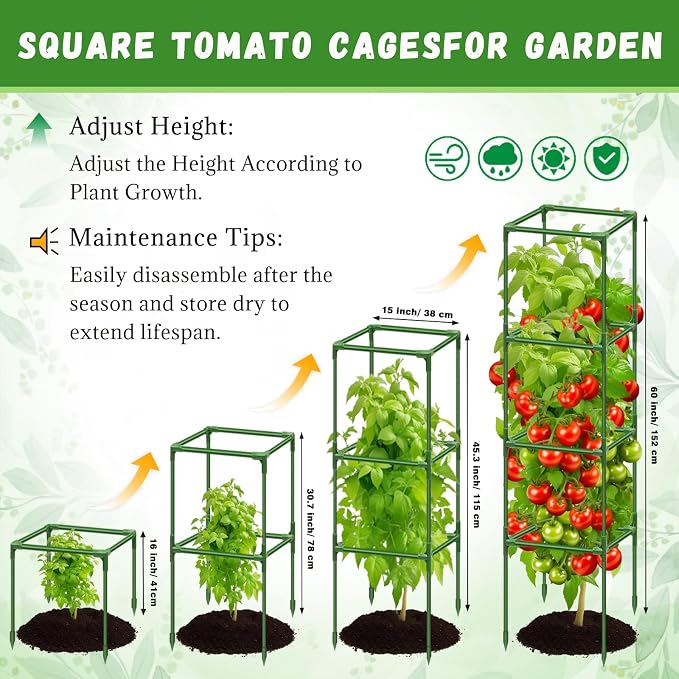 Riare 4 Pack Square Tomato Cages for Garden- 60 Inch Heavy Duty Tomato Stakes Plant Support, Metal Tomato Trellis for Climbing Plants Outdoor, Raised Garden Bed, Vegetables Flowers