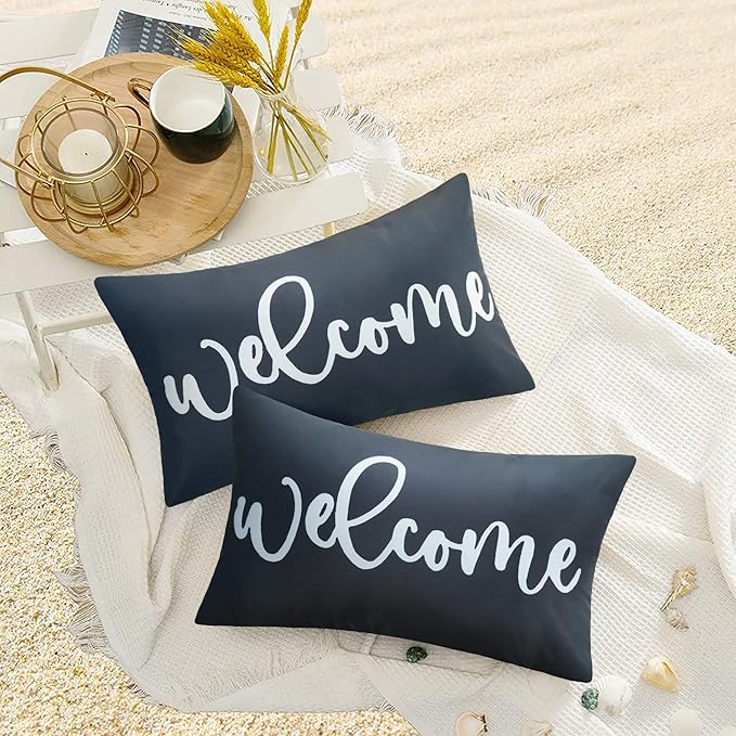 Merrycolor 2 Pack Black & White Outdoor Waterproof Modern Rectangular Throw Pillow Covers, 20" x 12", Welcome Letter Print, Living Room, Outdoor Activities