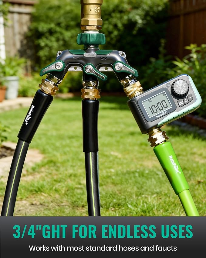 RAINPOINT 3 Way Hose Splitter, 100% Metal Heavy Duty Garden Hose Splitter With 1.9" Extra Long Handle & Individual Shut Off, 3/4 Inch GHT Thread Water Hose Connector For Spigot Faucet (Dark Green)
