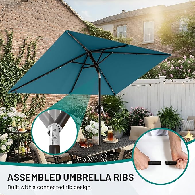 AreShark 6.5' x 10' Rectangular Patio Umbrella with Solar Lights, Solar Powered Lighted Market Umbrella w/Tilt and Crank, Outdoor Table Umbrella for Garden, Deck, Backyard, Pool and Beach, Lake Blue