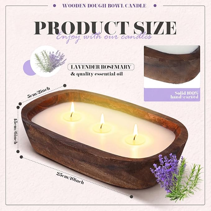Threlaco 1 Pack 10 Inch Wood Dough Bowl Candles Home Rustic Dough Bowl Soy Candle 3 Wick Scented Candles Gifts for Men Women Farmhouse Table Centerpiece Home Decor for Christmas(Lavender)