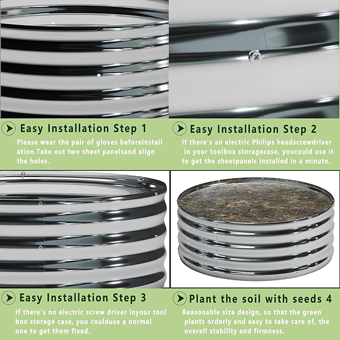 DIIYIV 2PCS 4x4x1FT Galvanized Raised Garden Bed Kit,Vegetable Boxes-Round Metal Flower Box,Large Planter Raised Beds Outdoor Garden for Planting,Fruit,Herb-Silver