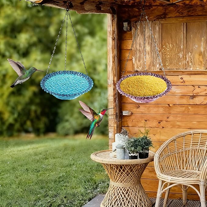 4 Pack Hanging Bird Baths Bowl Outdoor Bird Feeder 15.7 Inch Metal Chains, Weather-Resistant Hanging Bird Feeder & Bath Tray for Garden, Patio, Backyard Wildlife Decor (4Pcs Color)