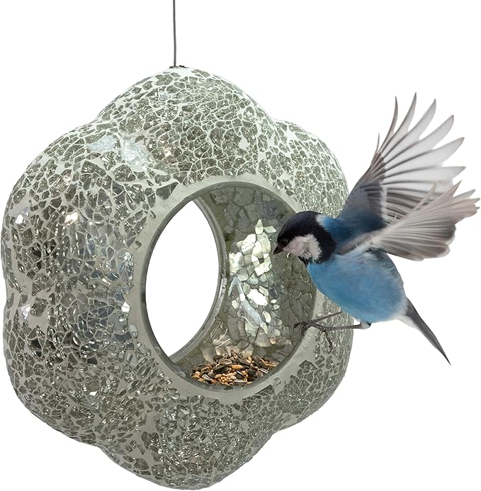 Sunnydaze 10-Inch Glass Mosaic Hanging Bird Feeder for Outdoors - Fly-Through Glass Bird Feeder for Cardinals, Jays, Finches and More - Mirrored Diamond Flower