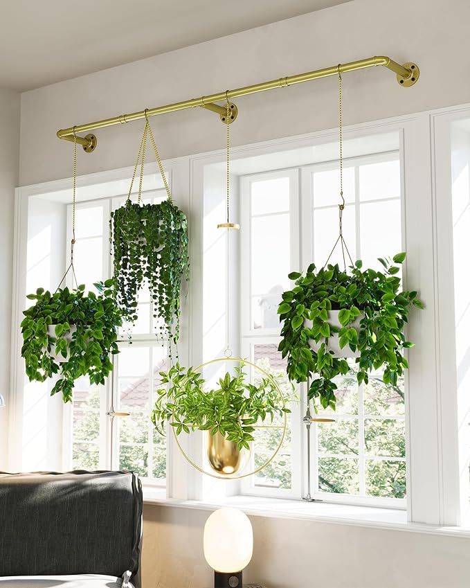 SOFITORG Plant Haning Rod, Hanging Planters for Indoor Plants with 6 Chains, Wall Plant Hanging Bar for Window Celling, 65.7 Inch, Metal Gold, Pots Not Included