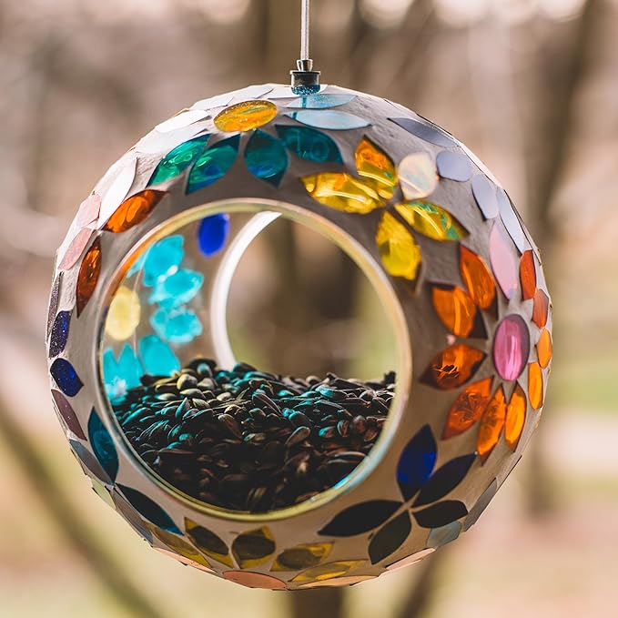 Backyard Expressions Hanging Glass Bird Feeder - Multicolor - Fly Through Bird Feeders for Outside, Mosaic Bird Feeder, Round Shape Wild Birdfeeder