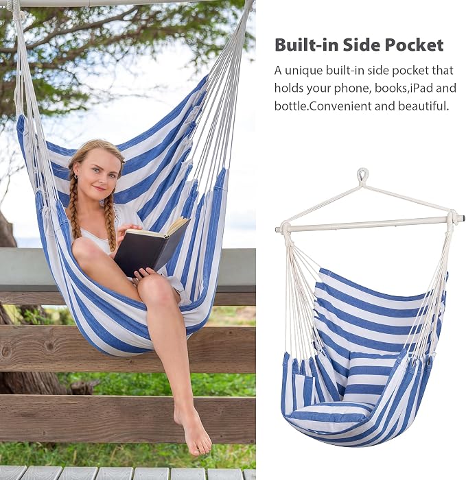 SUNCREAT Hammock Chairs Hammock Chair Swing with Steel Support Bar, Side Pocket, Large Swing Chair for Bedroom, Patio, Garden, Blue & White