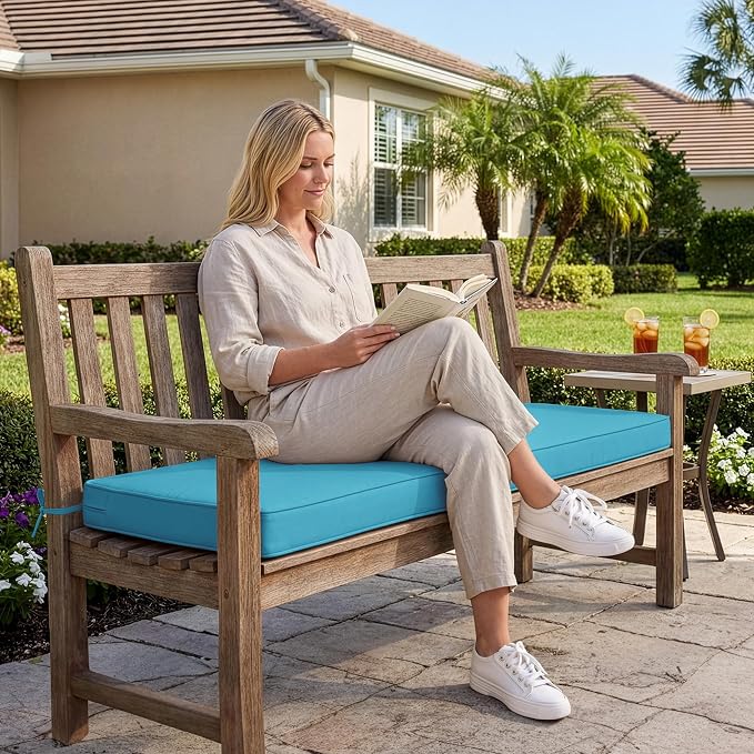 Summsun Outdoor Bench Cushion: Waterproof and Fade Resistant Patio Furniture Cushions - Non-Slip Bench Pad Cushion with Removable Cover for Garden Swing Porch Sofa Settee, 45 x 18 Inch, Teal